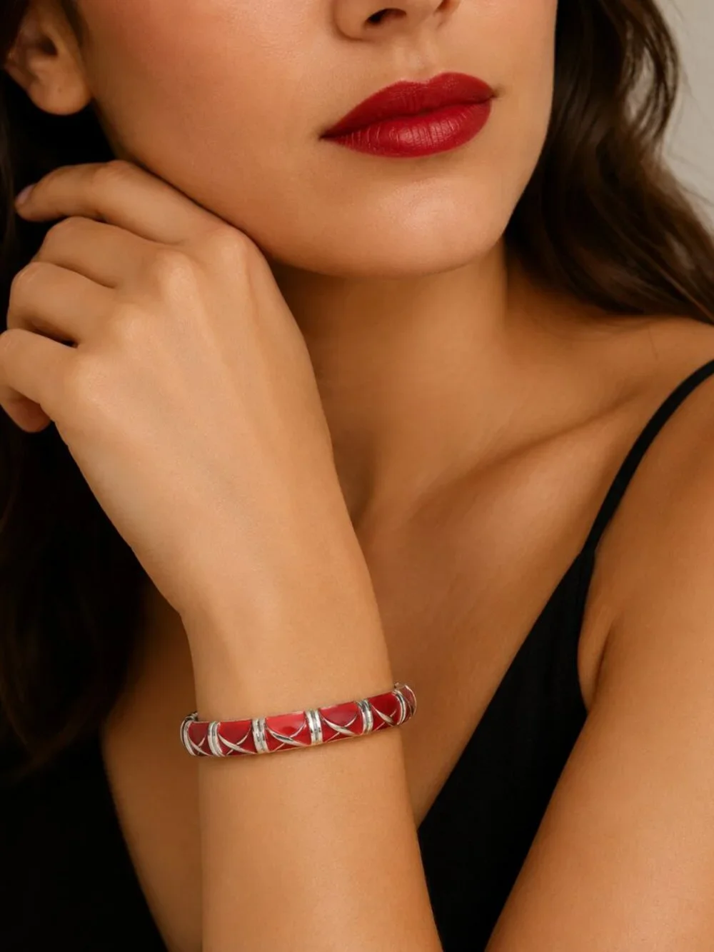 Red and Silver‎ Enamel Hinged Bangle Bracelet - 8.25”